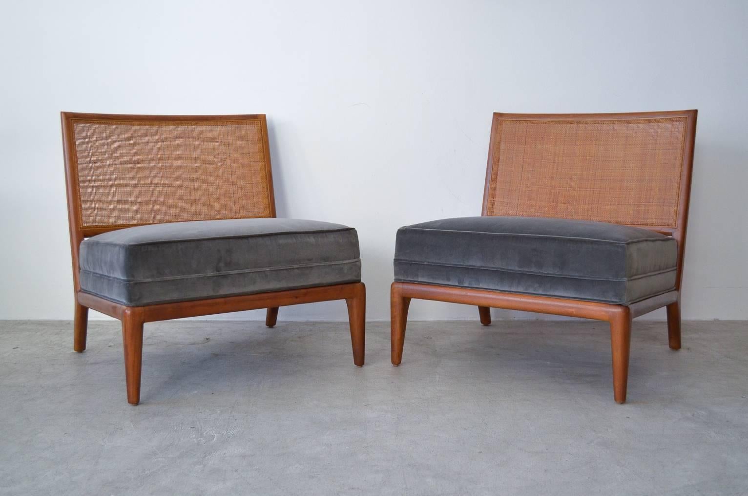 Mid-Century Modern Pair of Walnut Cane Back Slipper Chairs by Widdicomb