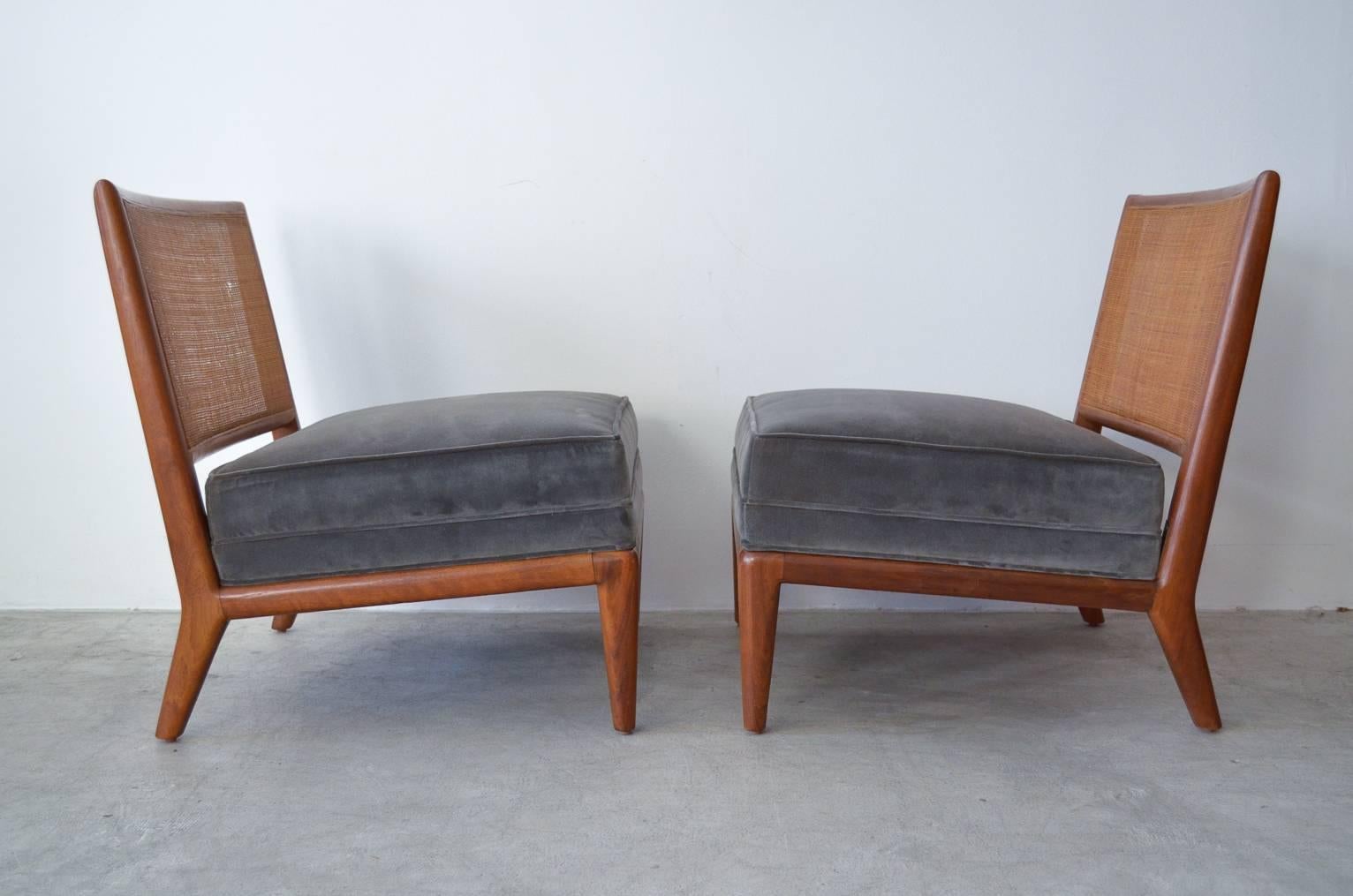 Mid-20th Century Pair of Walnut Cane Back Slipper Chairs by Widdicomb