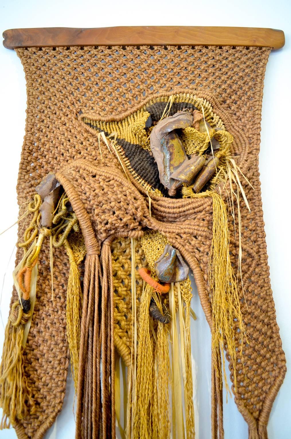 Original and very large sculptural macrame or fiber art wall hanging with handmade and glazed ceramic accents signed by Veta Carr. One owner, came from a fabulous mid century estate in Orange County, CA. Beautiful texture and large size, measures