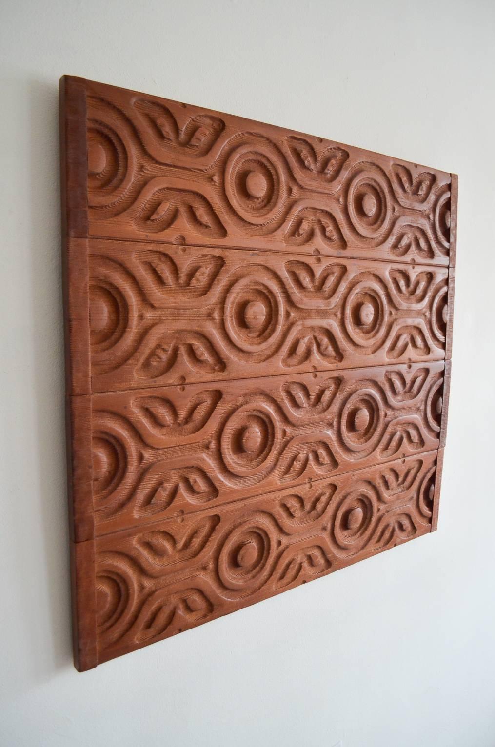 Sherrill Broudy for Ackerman Panelcarve redwood panel wall hanging.  Model 807, Broudy worked with Evelyn and Jerry Ackerman carving some of the most important pieces of the era.

This piece is 4 separate panels that have been adhered to a wood