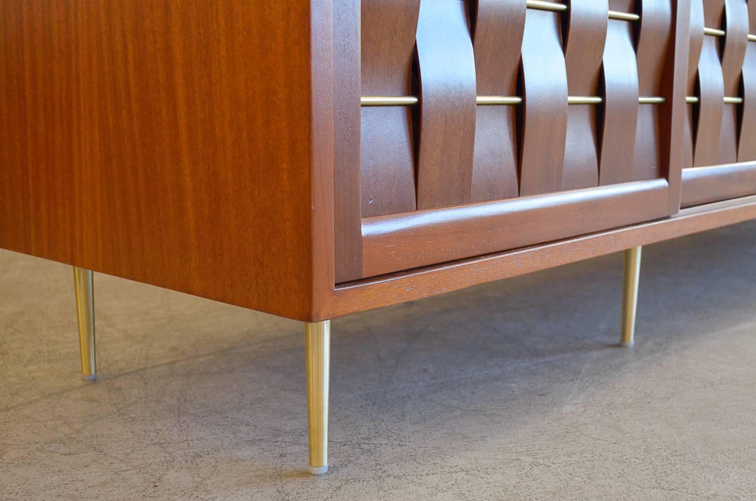 Exceptional Mahogany and Brass Basketweave Credenza by Edward Wormley 1