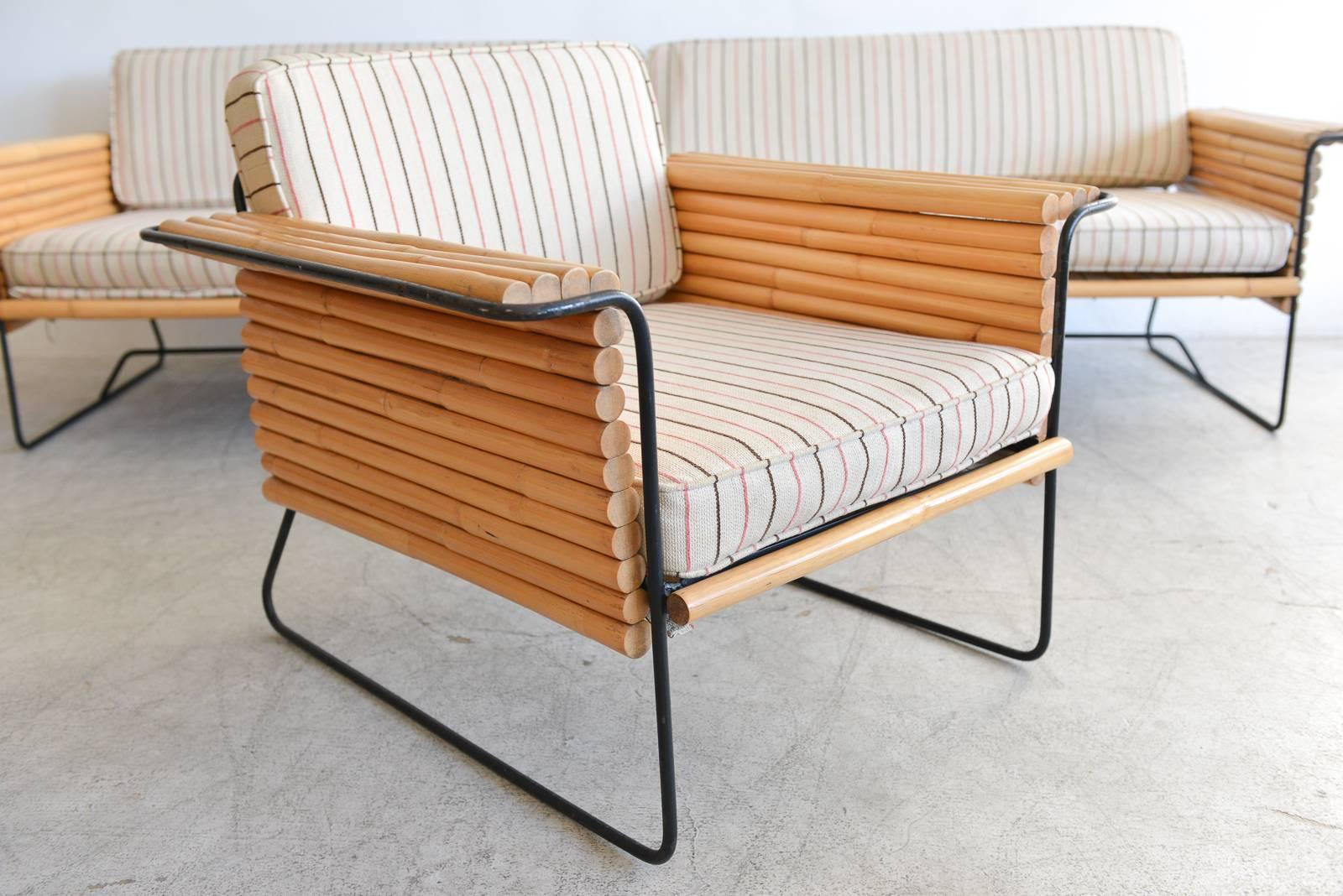 American Rattan and Wrought Iron Seating Ensemble by Ritts Co., Los Angeles, circa 1955