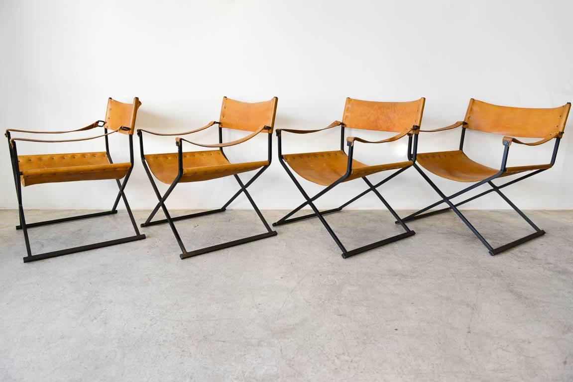 Mid-Century Modern Saddle Leather and Iron Directors Chairs, circa 1970