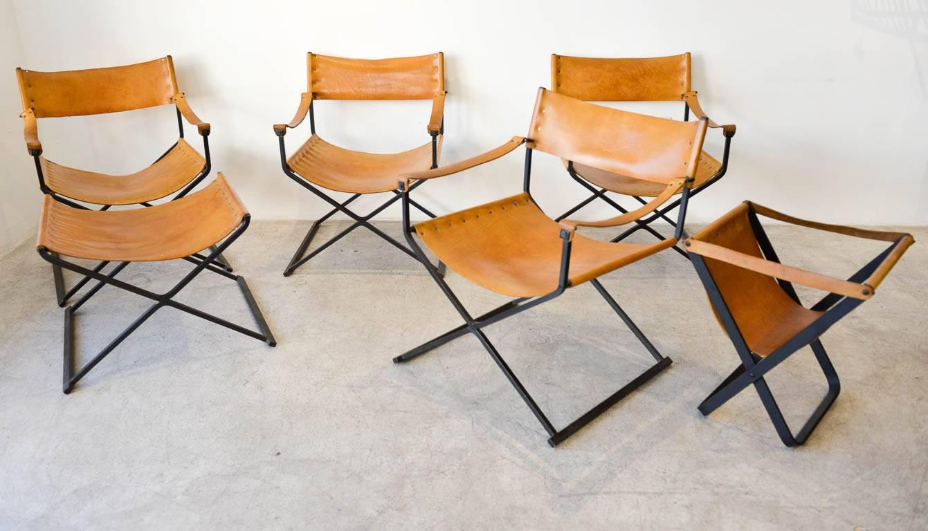 Mexican Saddle Leather and Iron Directors Chairs, circa 1970