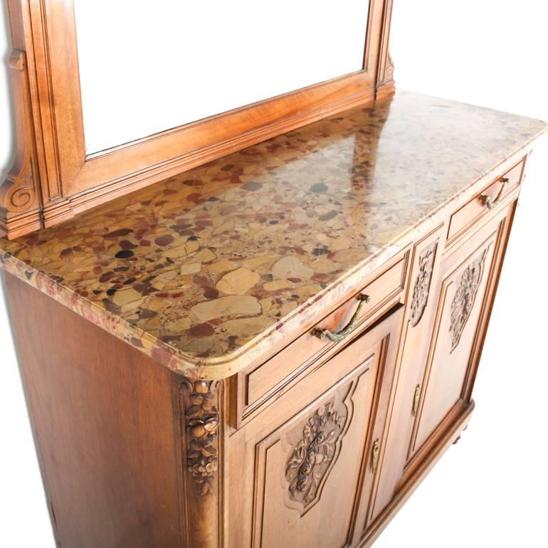 Beautiful quality on this small, French marble-top server with mirror. 

