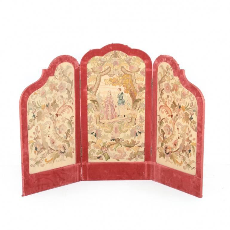 This is an elegant three-panel French screen constructed of Aubusson-and-velvet, late 19th century. Measures: 62″ wide and 43″ tall – making it perfect for a queen-size headboard.

