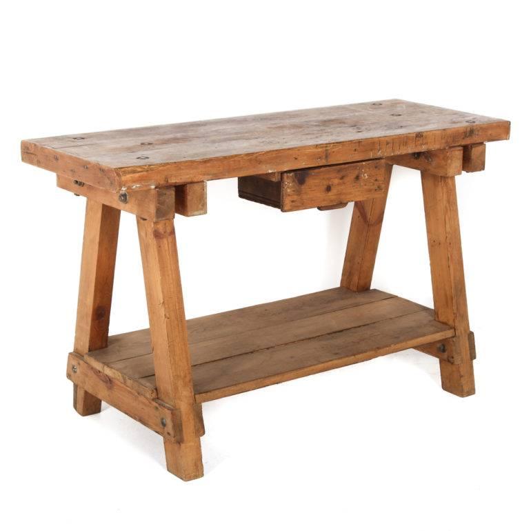 Nice, smaller-scale, solid pine, rustic antique French, carpenter’s work bench, from Normandy. Very decorative. Measures: 52″ wide x 19″ deep x 32″ tall.
