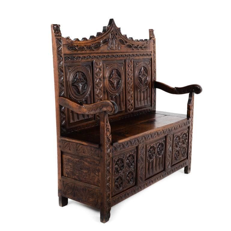 French Highly Carved Gothic Bench, Circa 1880