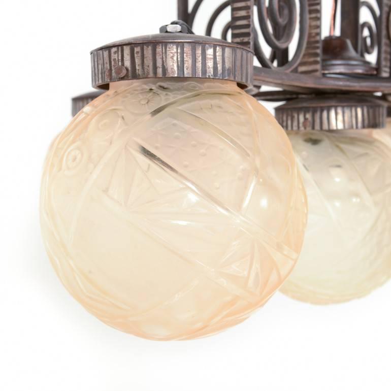 French Art Deco Light Fixture with Lalique Style Globes, circa 1920 In Excellent Condition In Vancouver, British Columbia