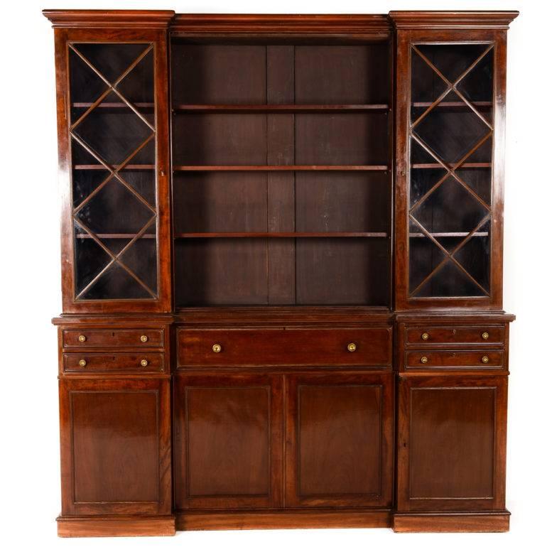 English Mahogany Breakfront Bookcase with Fitted Secretaire, circa 1920