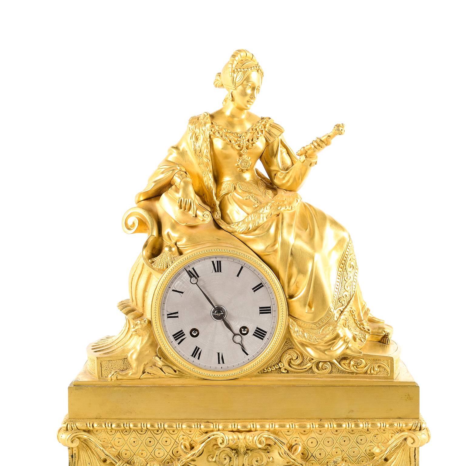 Beautifully detailed gilt clock from the French Empire period. The detailing is beautiful as well as the gilding. Measures: 12.5” wide x 5” deep x 18” tall.
Has been serviced by a professional clock maker and runs perfectly.