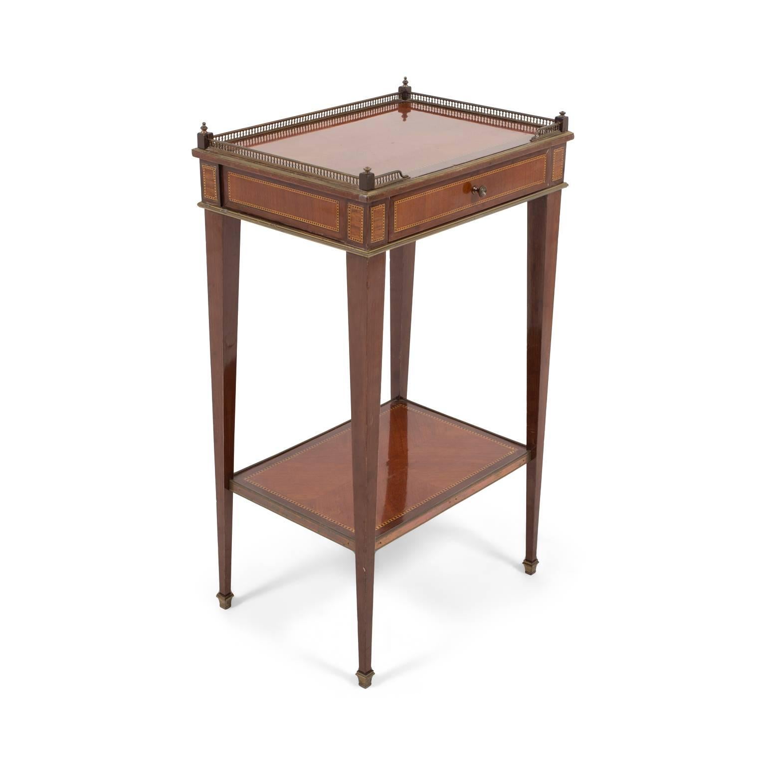 Beautiful quality on this master French ebonite small side table. Signed. Elegant and fine mounts with crisp detail in bronze.
Measures: 18 x 13 x 30.