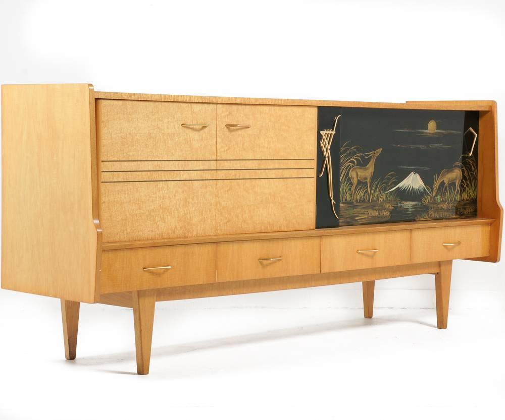 French Mid-Century Modern Buffet or Sideboard with Hand-Painted Glass In Excellent Condition In Vancouver, British Columbia