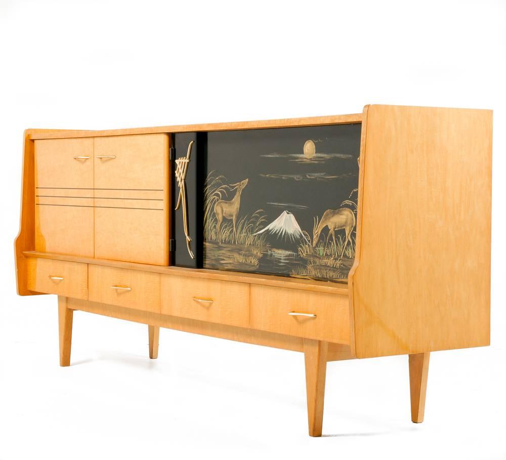French Mid-Century Modern Buffet or Sideboard with Hand-Painted Glass 1