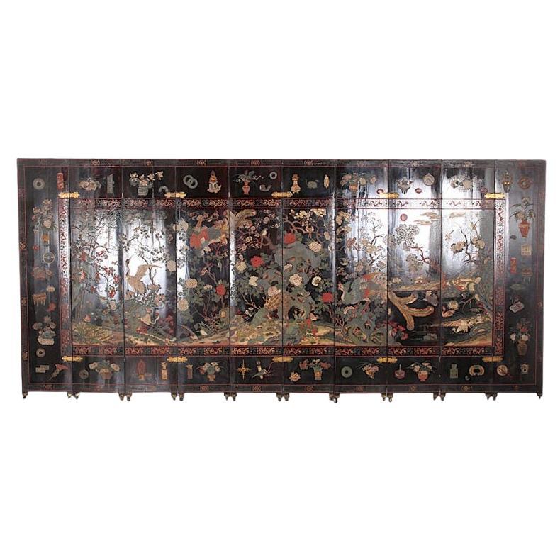 Biombo parisino de 10 paneles con laca de Coromandel del siglo XIX Chinoiserie C.1850