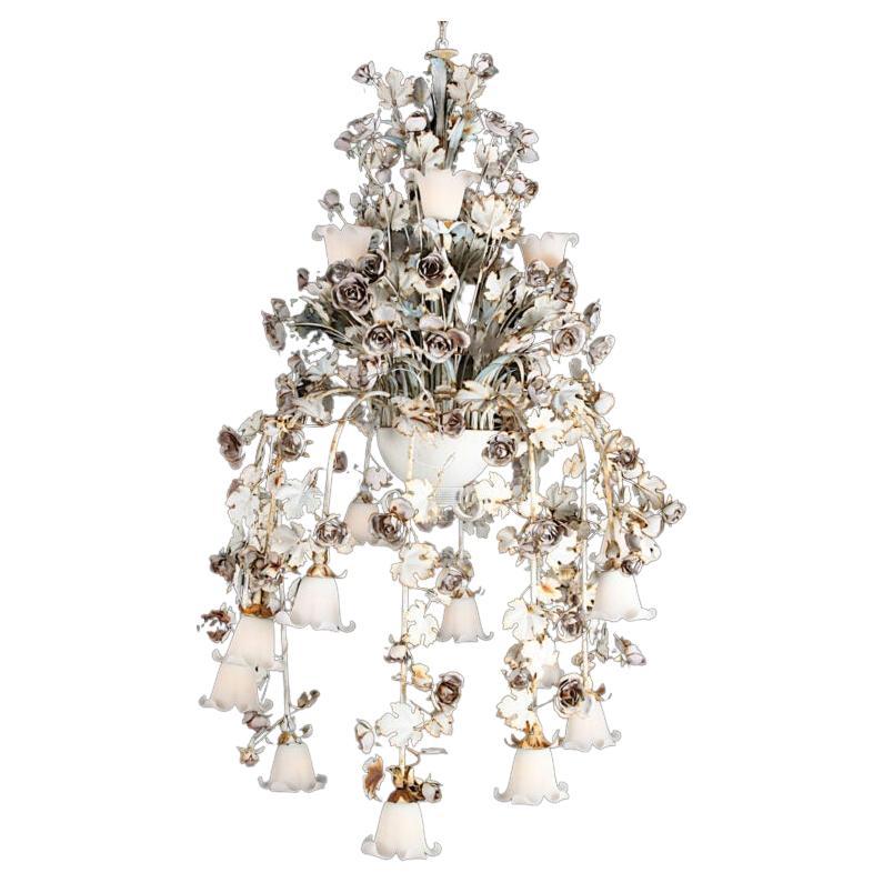 Very Large Vintage Italian Tole Chandelier with Cascading Roses and Leaves 