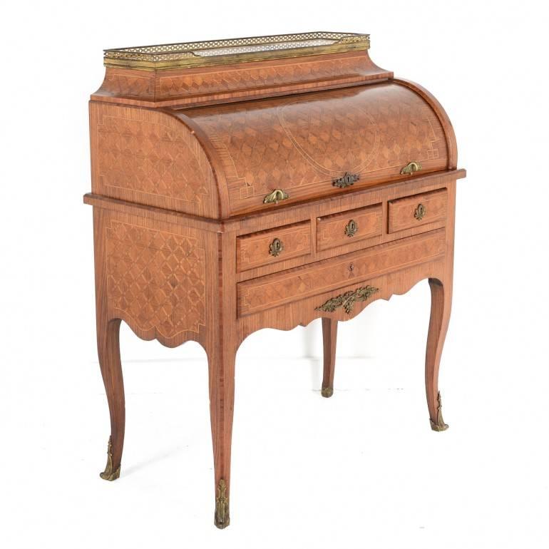 Very fine French Antique Transitional Louis XV - Louis XVI style marquetry cylinder desk from France. Circa 1900. Beautiful bronze details, marble and bronze gallery. 