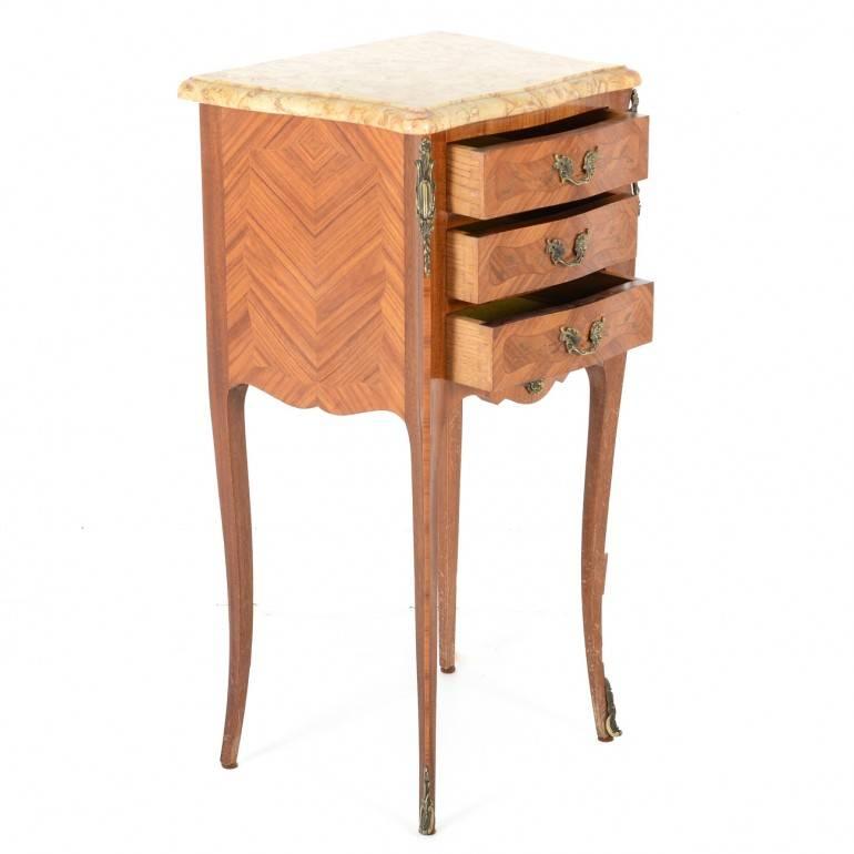 Very nice pair of French Louis XV Style marquetry nightstand with doucine edged marble top. C.1930. Produced and imported from France. 