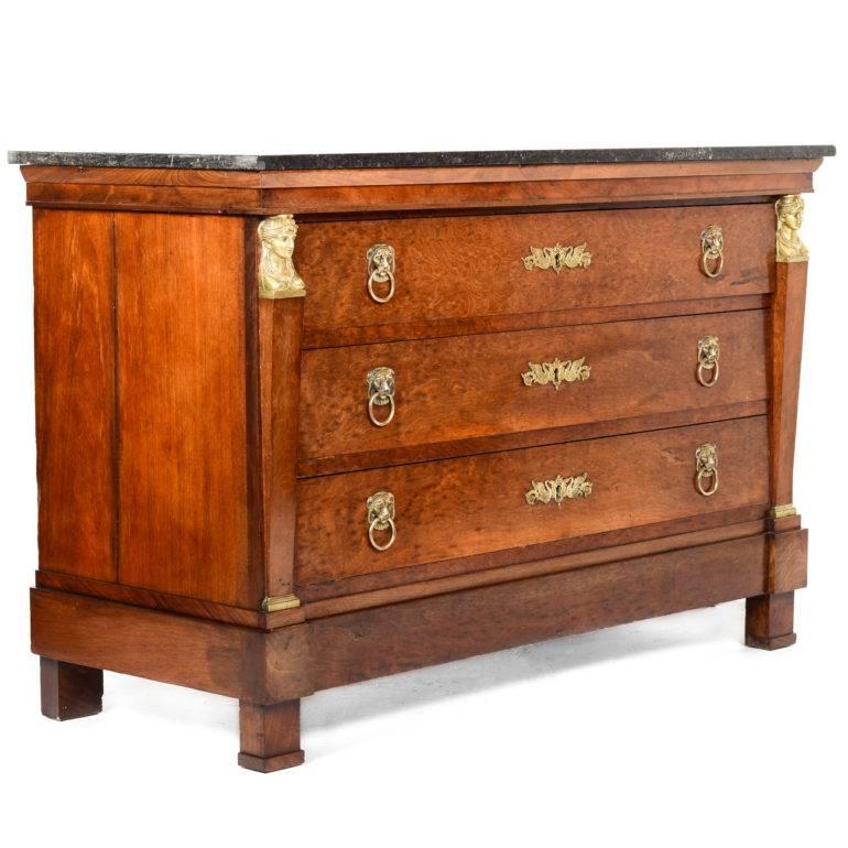 Period Empire mahogany and bronze, marble-top commode with exceptional detailing, condition, and colour. The bronze mounts are fine quality, and its condition is consistent with age (split on the side) and the colour, patina, and marble are all