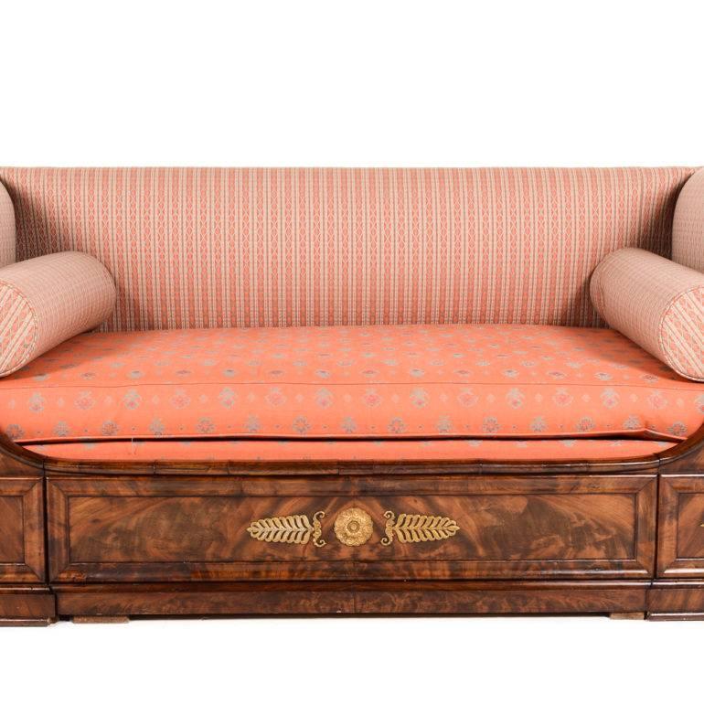 French Empire, 19th century mahogany daybed with original fabric recently done in Paris. Exceptional original condition with beautiful colour and patina.