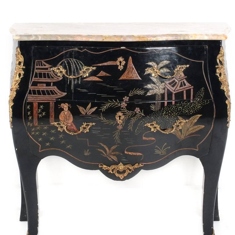 Vintage French black lacquer chinoiserie commode from Paris. Original marble and nice smaller size. Would make a great night table.
