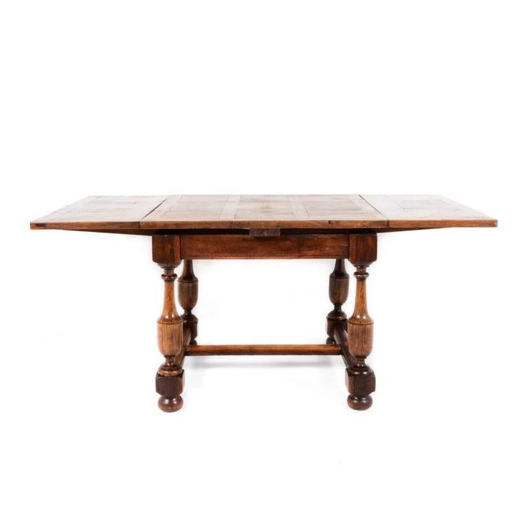 French Oak Parquet-Top Drawleaf Table In Excellent Condition In Vancouver, British Columbia