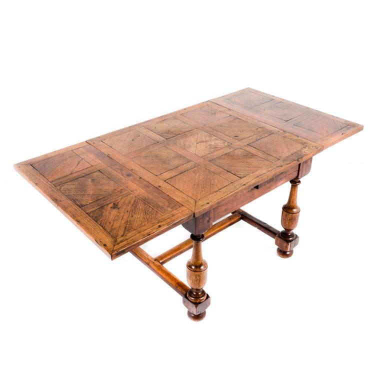 20th Century French Oak Parquet-Top Drawleaf Table