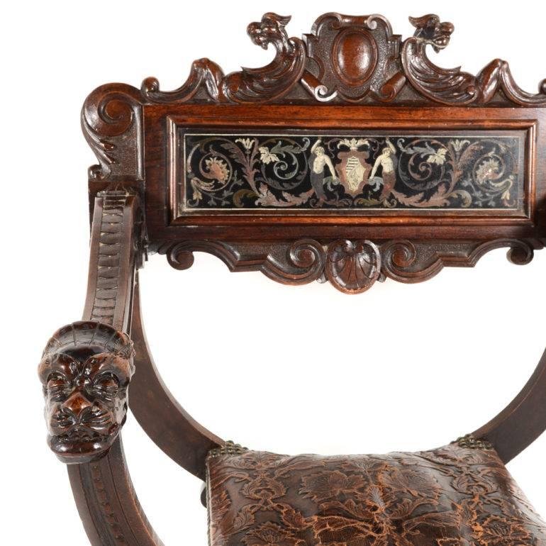 Antique Carved-and-inlaid 19th Century Italian Savonarola Chair In Excellent Condition In Vancouver, British Columbia