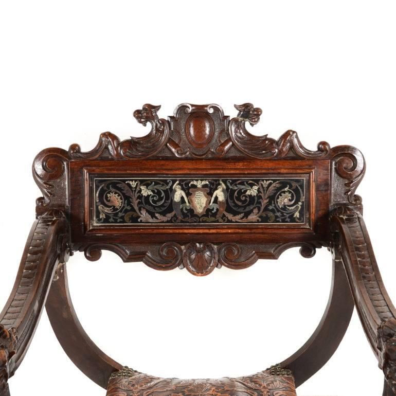 Antique Carved-and-inlaid 19th Century Italian Savonarola Chair 1