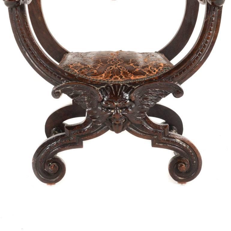 Antique Carved-and-inlaid 19th Century Italian Savonarola Chair 2