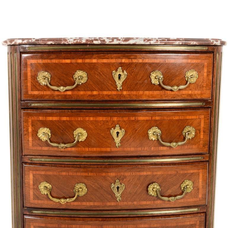 Top-quality French inlaid-mahogany marble-top commode. Beautifully sculpted handles and mounts. Circa 1875.
 