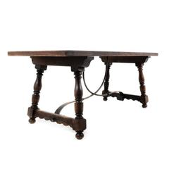 20th Century Vintage Dark Oak Trestle Table with Iron Base