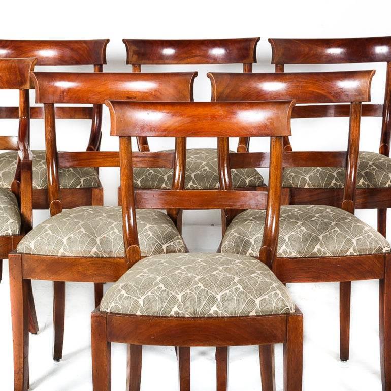 A set of eight, English style, early 20th C. dining chairs of solid mahogany, from France. Two armchairs and six side chairs. No breaks or repairs on these sturdy and useful pieces.

Armchairs: 21″ wide x 22″ deep x 34″ tall x 19″