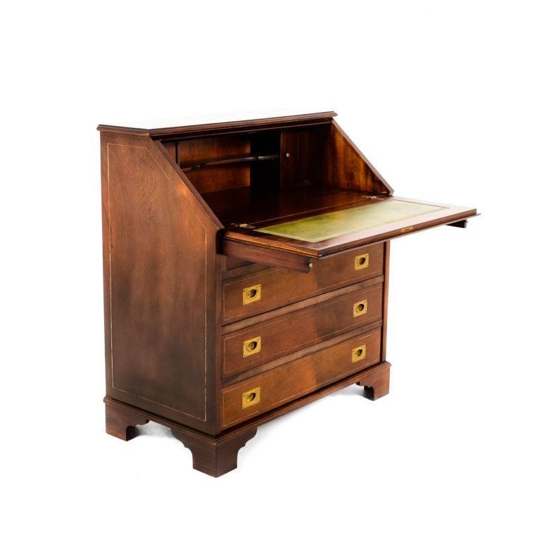 American Vintage Brass Inlaid Drop-Front Campaign-Style Desk, circa 1950