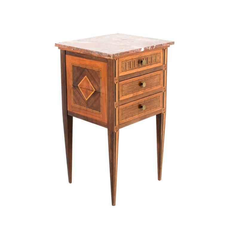 Antique Italian Neo-Classical inlaid marble-top nightstand, circa 1910. Beautiful marquetry work and hardware. 

