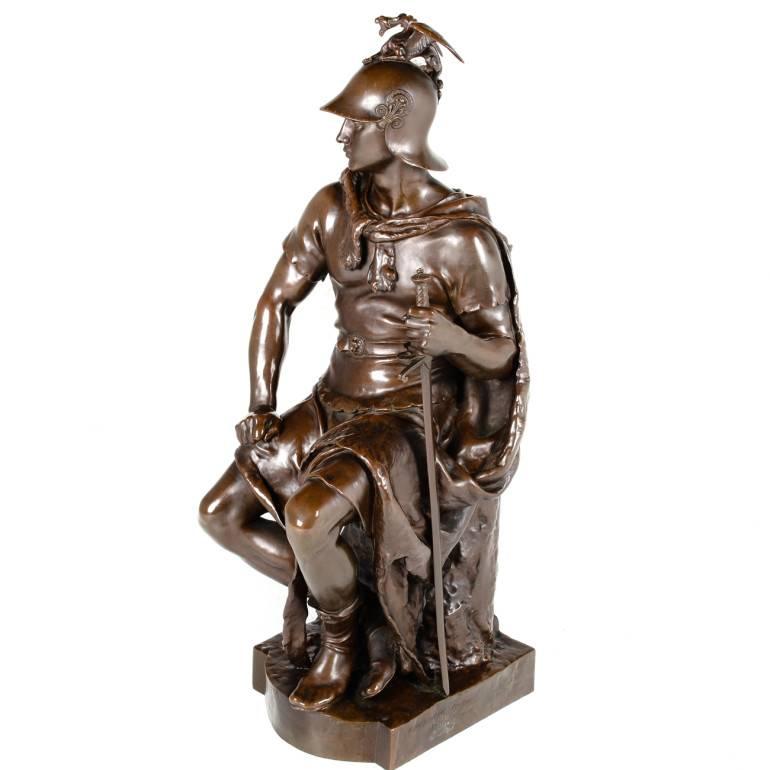 An exceptional French bronze model of a Roman soldier, entitled, “Le Courage Militaire” and signed by the artist, Paul Dubois, Foundry Barbedienne, Paris. With the “Reduction Mechanique A. Collas Brevete” seal, 1865. 

