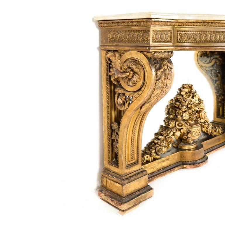 Hand-Carved 18th Century Giltwood-and-Marble Console from a Castle in France.