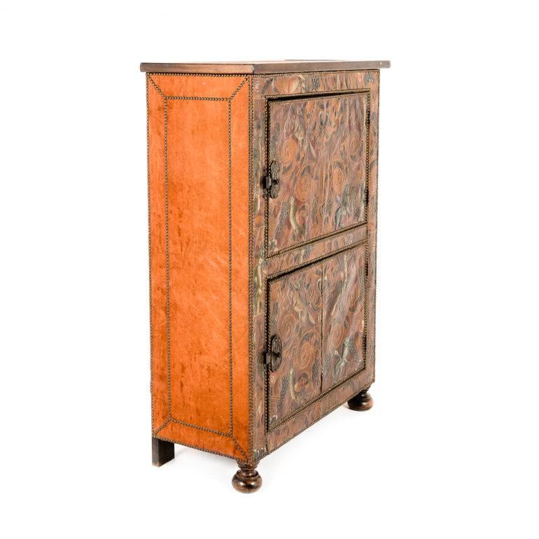 20th Century Two-Door Cabinet with 19th Century Hand Tooled Leather Covering