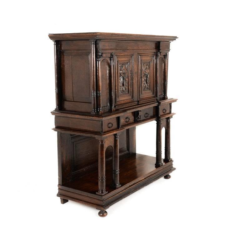 Possibly 17th century, this court cupboard originates from France but is possibly of English or Italian origin Circa 1700. 
