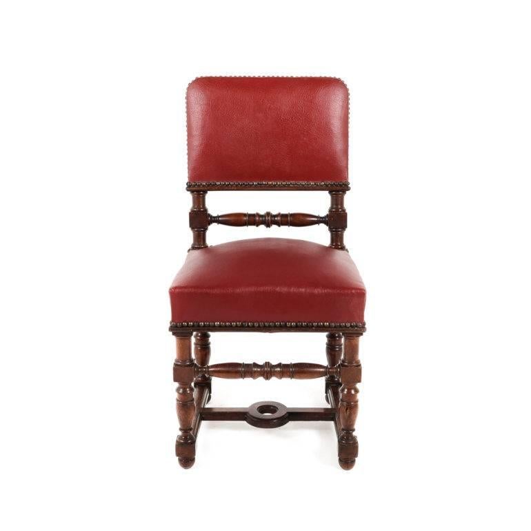 Matched of ten solid mahogany and leather chairs. These chairs are in exceptional condition considering their age. Even the leather is good on all ten chairs. Every chair is sturdy and in exceptional condition.