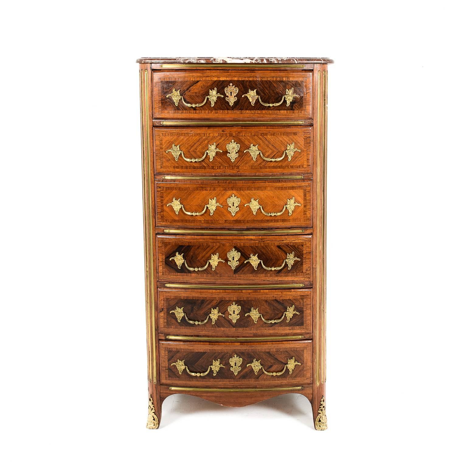 Regency-style inlaid rosewood and kingwood secretaire, with fabulous gilt mounts and pulls. Color and patina are exceptional on this piece, as is its original condition. 



 