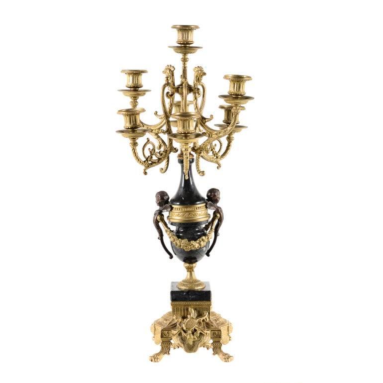 Pair of early 20th century Italian “Brevettato” candelabras. Marble base with brass, with intricate scrolling and figures.

Measures: 9.5” wide x 9.5” deep x 24” tall.

 