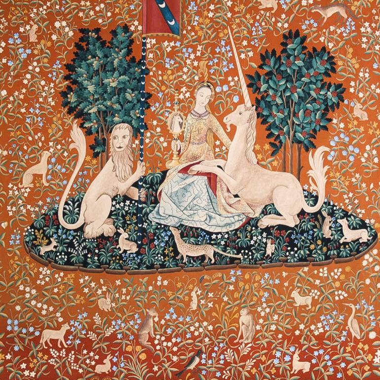 A French painting on weaving, to resemble a tapestry, of ‘Lady and the Unicorn’, circa 1960. The original 'Lady and Unicorn' hangs in the Met Cloisters in NYC and dates around 1600; this interpretation has a likeness to the original but lacks its