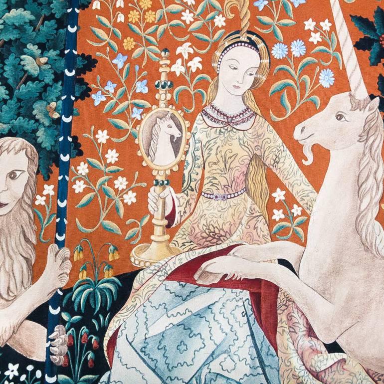 Medieval French Tapestry Painting ‘Lady and the Unicorn’ C.1960