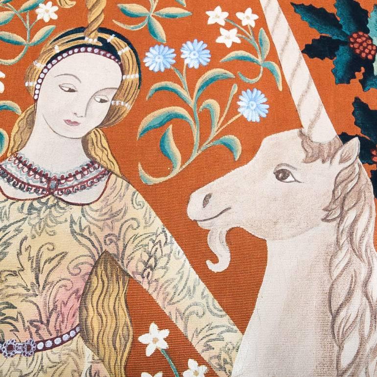 French Tapestry Painting ‘Lady and the Unicorn’ C.1960 In Excellent Condition In Vancouver, British Columbia