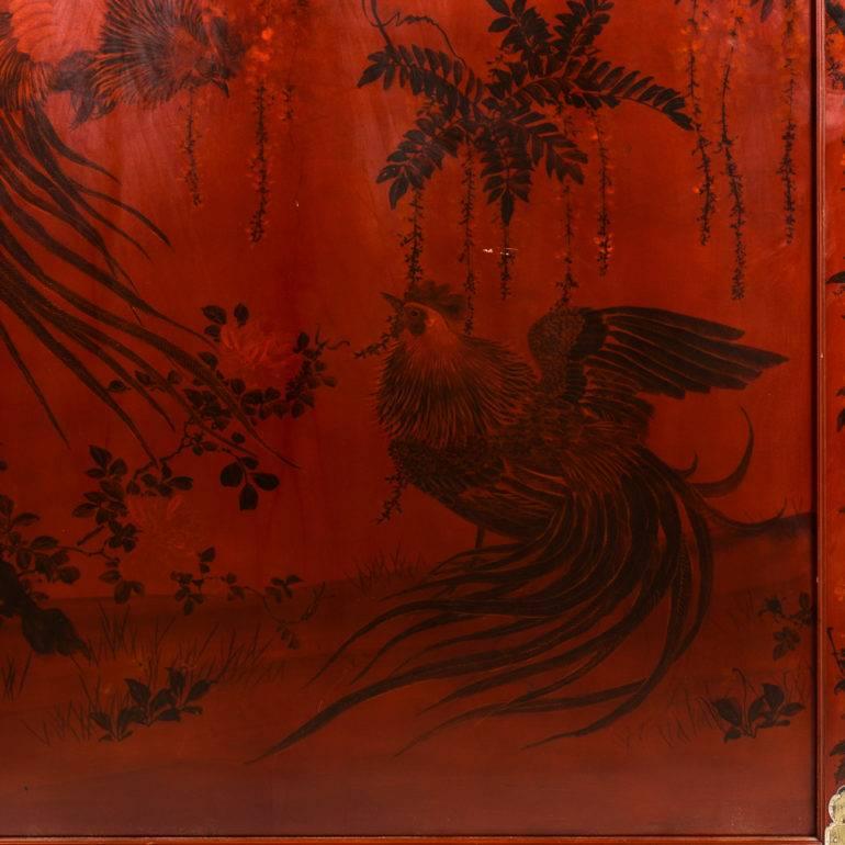 Antique Three-Panel Japanese Lacquered Screen with Chased Metal Mounts 2