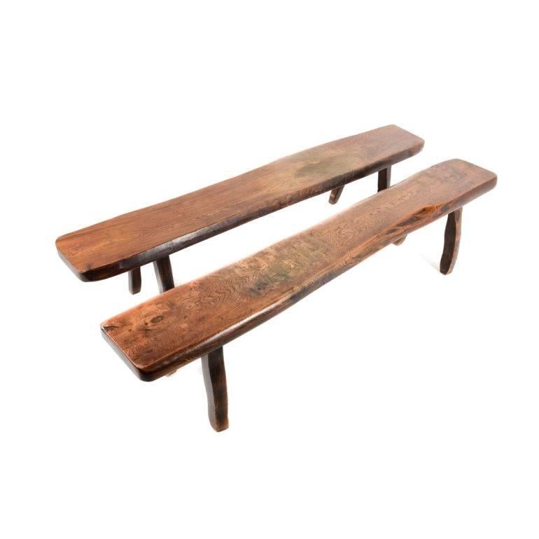 French rustic elm plank bench of free-form design. Seat is a full three inches thick, 20th century.





 