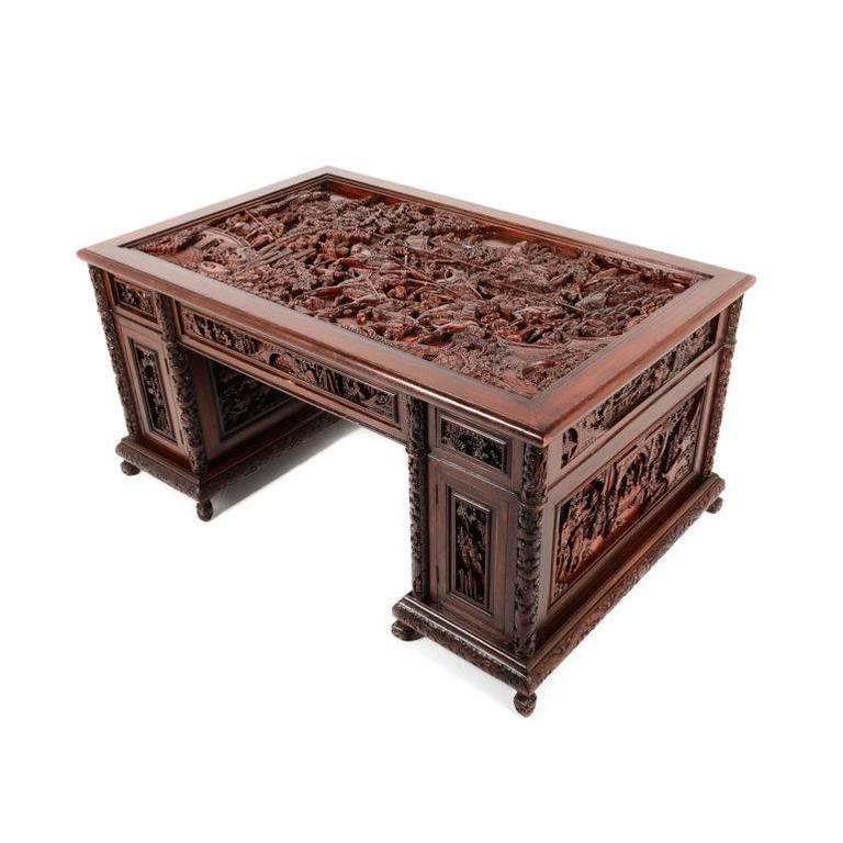 Antique Chinese Intricately Carved Hardwood Desk, circa 1910 at 1stDibs