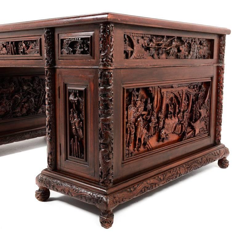 Hand-Carved Antique Chinese Intricately Carved Hardwood Desk, circa 1910