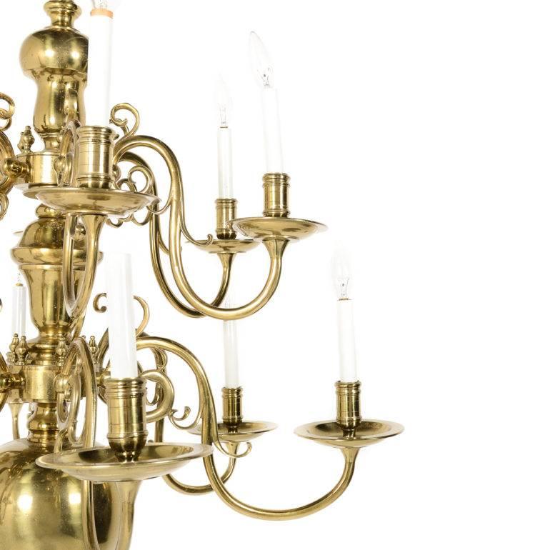 Large Dutch Solid Brass Twelve-Arm Chandelier In Excellent Condition In Vancouver, British Columbia